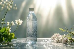 A Bottle of Sparkling Water with White Flowers and Sunlight photo