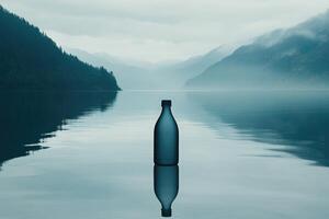 A Single Glass Bottle Floating on a Calm Lake Surrounded by Misty Mountains photo