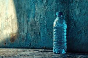 A Single Water Bottle on a Concrete Surface with a Blue-Toned Background photo
