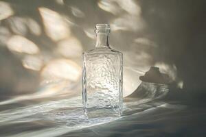 A Clear Glass Bottle Standing on a White Surface with Light Reflections photo