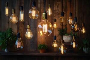Warmly Lit Vintage Edison Bulbs Hanging in Front of a Wooden Wall photo