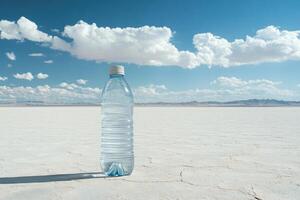 Water Bottle on a Vast White Salt Flat Under a Blue Sky with Clouds photo