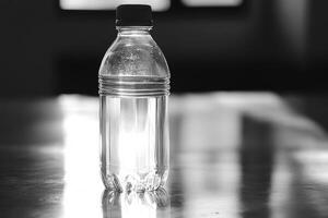 A Single, Transparent Plastic Water Bottle on a Reflective Surface photo