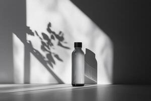 Glass Bottle with Black Cap in Sunlight with Shadow of Foliage on White Wall photo