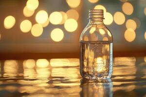 A Single Glass Bottle of Water Against a Background of Golden Bokeh Lights photo