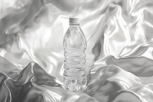 A Clear Plastic Water Bottle on a White Fabric Background photo