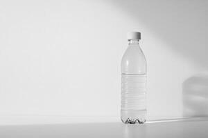 A Single Plastic Water Bottle on a White Tabletop with a White Textured Background photo
