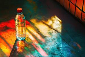 A Water Bottle Casts a Rainbow Shadow on a Dusty Floor photo