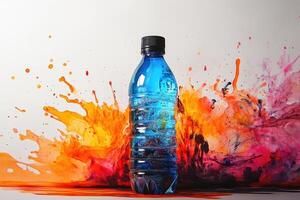 Blue Water Bottle Against a Colorful Watercolor Background photo