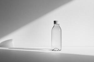 Transparent Glass Bottle with a White Lid on a White Surface photo