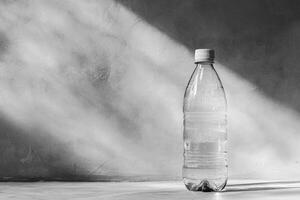 A Single Plastic Water Bottle with Condensation on a Gray Background photo
