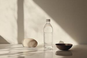A Water Bottle, a Stone, and a Bowl in a Minimalist Setting photo