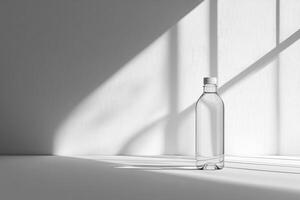 A Single Water Bottle on a White Surface with Sunlight Streaming Through a Window photo