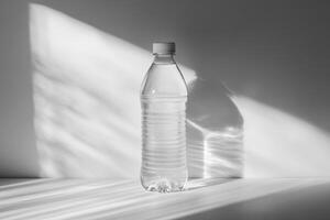 A Plastic Water Bottle in a White Setting with Shadows photo