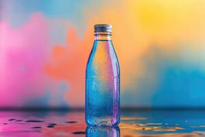 Blue Glass Bottle with Metallic Cap Against a Colorful Background photo