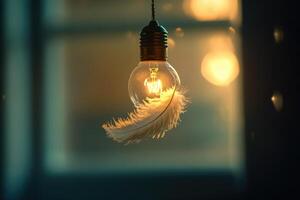 A Single Light Bulb Hanging with a Feather Inside photo
