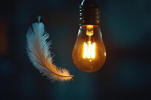 A single white feather floating near a lit incandescent light bulb. photo