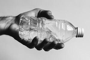 A Hand Holding a Plastic Water Bottle with Condensation photo