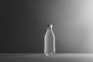 A single clear plastic water bottle with a white cap on a gray background. photo