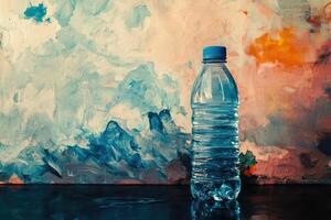 A Single Plastic Water Bottle Standing Against a Colorful Painted Background photo