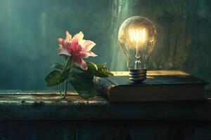 Illuminated Flower, Book, and Lightbulb on a Dark Surface photo