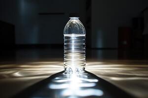 A Water Bottle Casting a Shadow on a Dark Floor photo