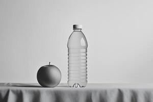 A Single Apple and a Plastic Water Bottle on a Tablecloth photo