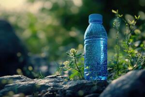 A Blue Water Bottle Resting on a Rock in a Verdant Forest Setting photo