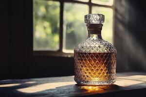Crystal Decanter of Amber Liquid on Wooden Surface with Sunlight Streaming Through a Window photo
