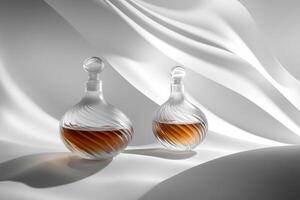 Two Glass Bottles with Brown Liquid on a White Fabric Background photo