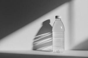 Transparent Water Bottle with White Lid and Sun Rays Casting Long Shadows photo