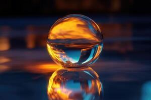 Glass Sphere Reflecting Sunset Sky and Clouds photo