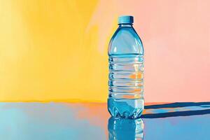 A Single Blue Plastic Water Bottle on a Colorful Abstract Background photo