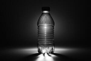 A Clear Plastic Water Bottle With a Black Cap Standing on a Gray Surface photo