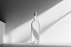 A Glass Bottle with White Cap on a White Shelf with Shadows photo