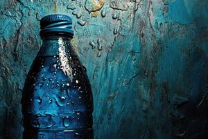 A Close-Up of a Blue Water Bottle with Condensation Against a Distressed Teal Background photo