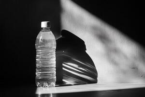 A Clear Plastic Water Bottle in Sunlight with a Long Shadow photo