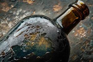 Close-up of a Weathered Glass Bottle with a Rough Texture photo