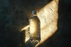A Single Plastic Bottle of Water on a Rough, Textured Wall with Sunbeams photo