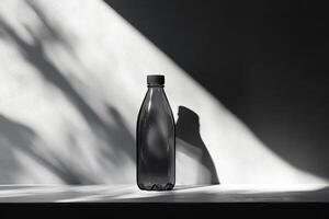 A Single Black Plastic Bottle on a White Shelf in a Room Lit by Sunlight photo