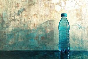 A Blue Plastic Water Bottle Against a Weathered, Textured Wall photo