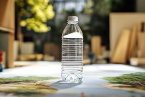 A Clear Plastic Water Bottle with a White Cap Standing on a Table photo