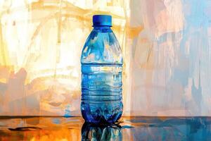 A Blue Plastic Water Bottle Against an Abstract Background photo