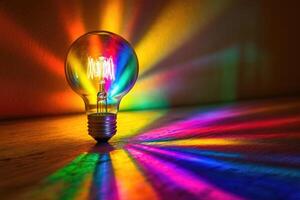 A Single Lightbulb Casting a Rainbow Spectrum on Wood photo