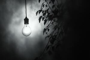 A Single Lightbulb Hanging in the Darkness with a Shadow of a Tree Branch photo