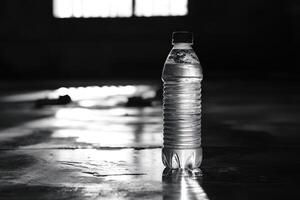 A Single Water Bottle in a Dark, Empty Space photo