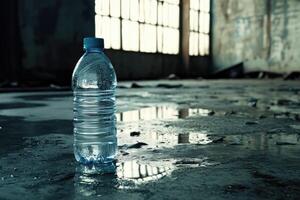 A Single Plastic Water Bottle Sitting in a Puddled Abandoned Building photo