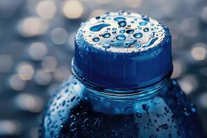 Close-up of a Blue Water Bottle Lid Covered in Water Droplets photo