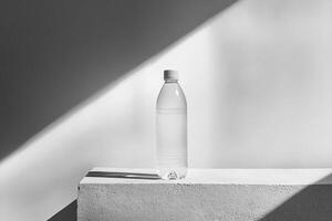 A Single Clear Plastic Water Bottle on a White Platform photo