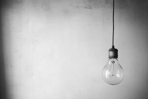 A Single Lightbulb Hanging Against a White Wall photo